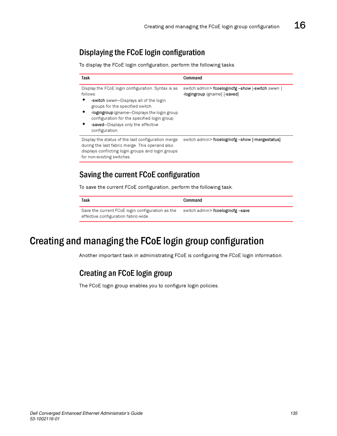 Dell 53-1002116-01 manual Creating and managing the FCoE login group configuration, Displaying the FCoE login configuration 