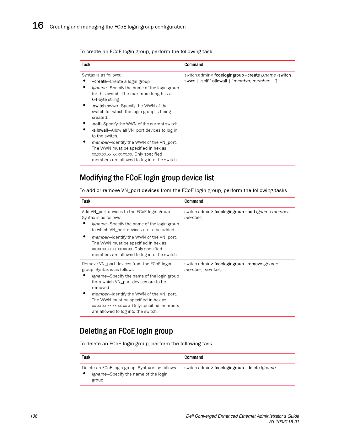 Dell 53-1002116-01 manual Modifying the FCoE login group device list, Deleting an FCoE login group 