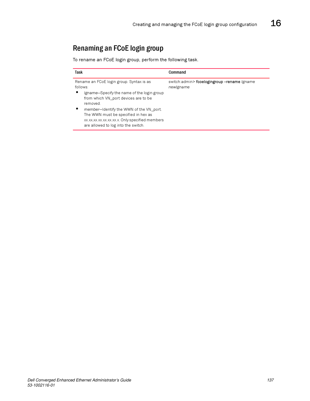 Dell 53-1002116-01 manual Renaming an FCoE login group, To rename an FCoE login group, perform the following task 