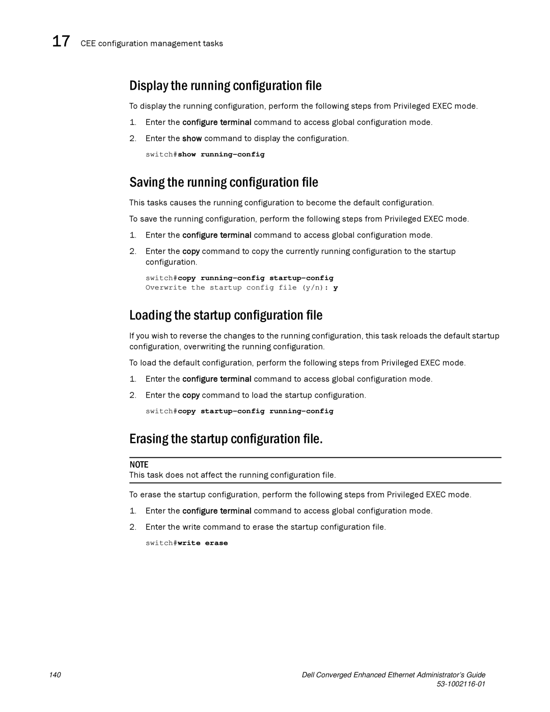 Dell 53-1002116-01 manual Display the running configuration file, Saving the running configuration file 