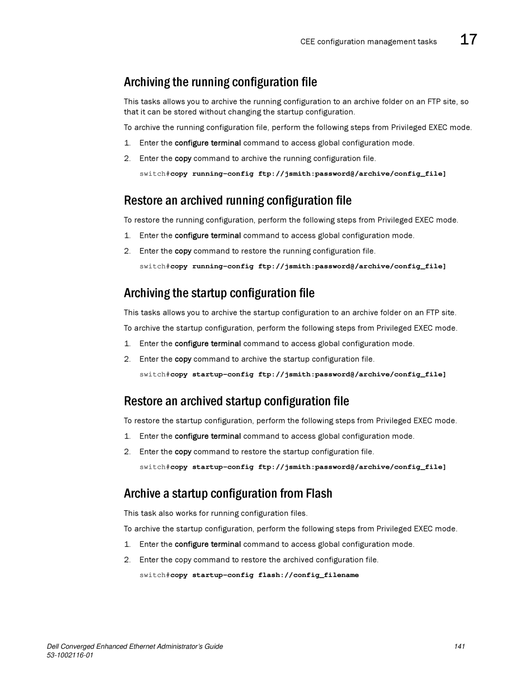 Dell 53-1002116-01 manual Archiving the running configuration file, Restore an archived running configuration file 