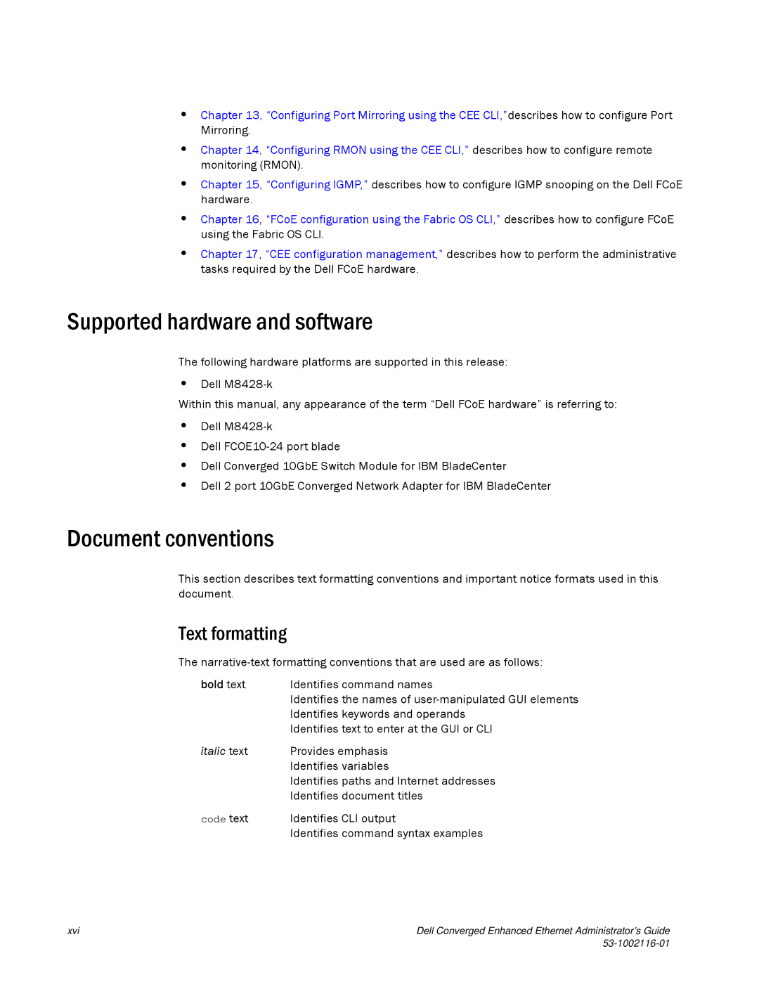 Dell 53-1002116-01 manual Supported hardware and software, Document conventions, Text formatting 