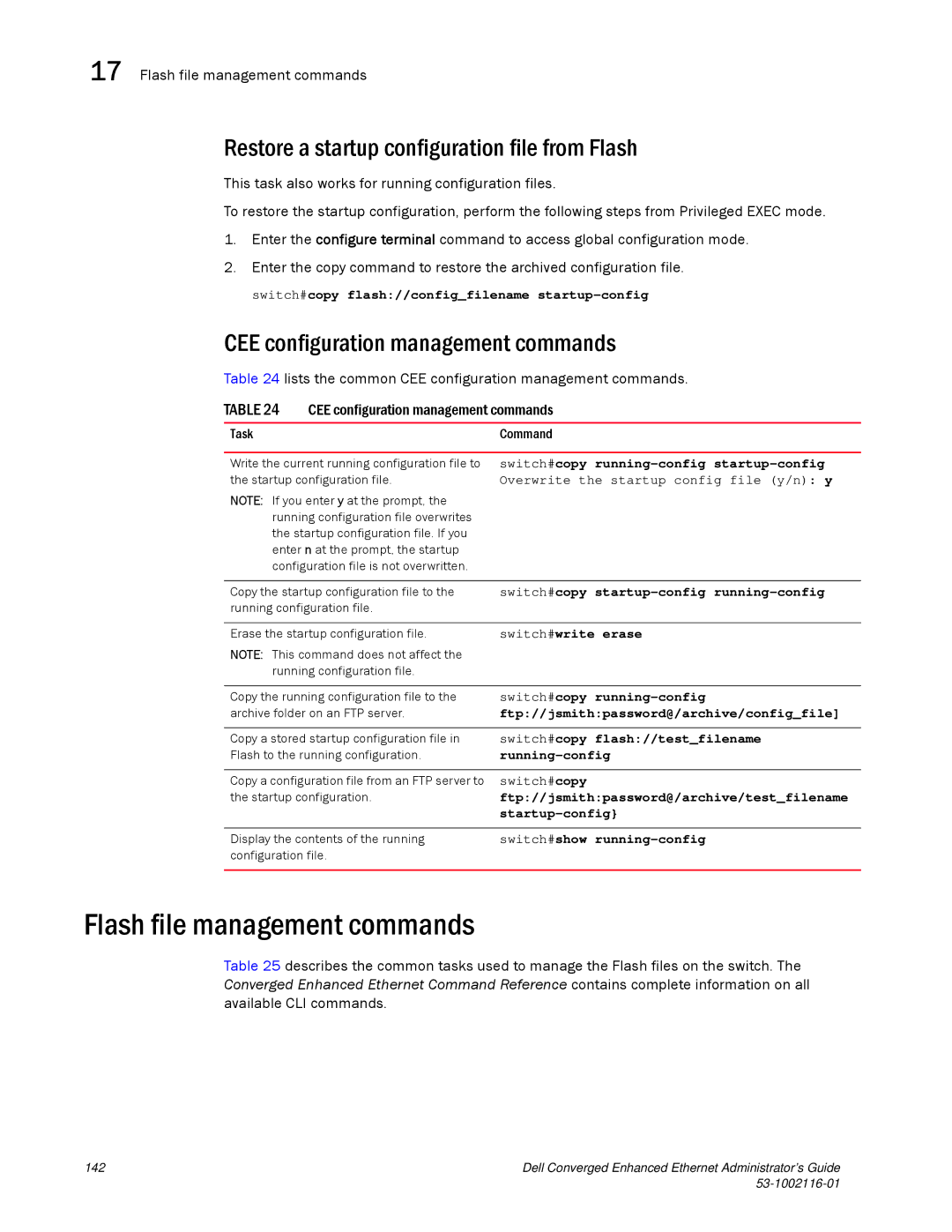 Dell 53-1002116-01 manual Flash file management commands, Restore a startup configuration file from Flash 