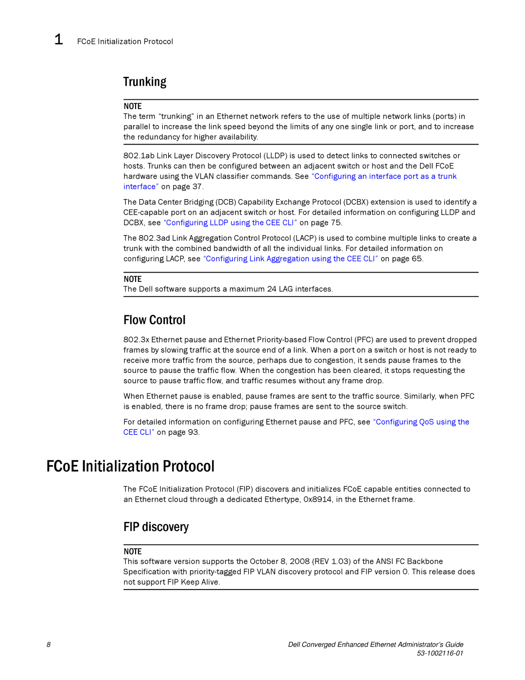 Dell 53-1002116-01 manual FCoE Initialization Protocol, Trunking, Flow Control, FIP discovery 