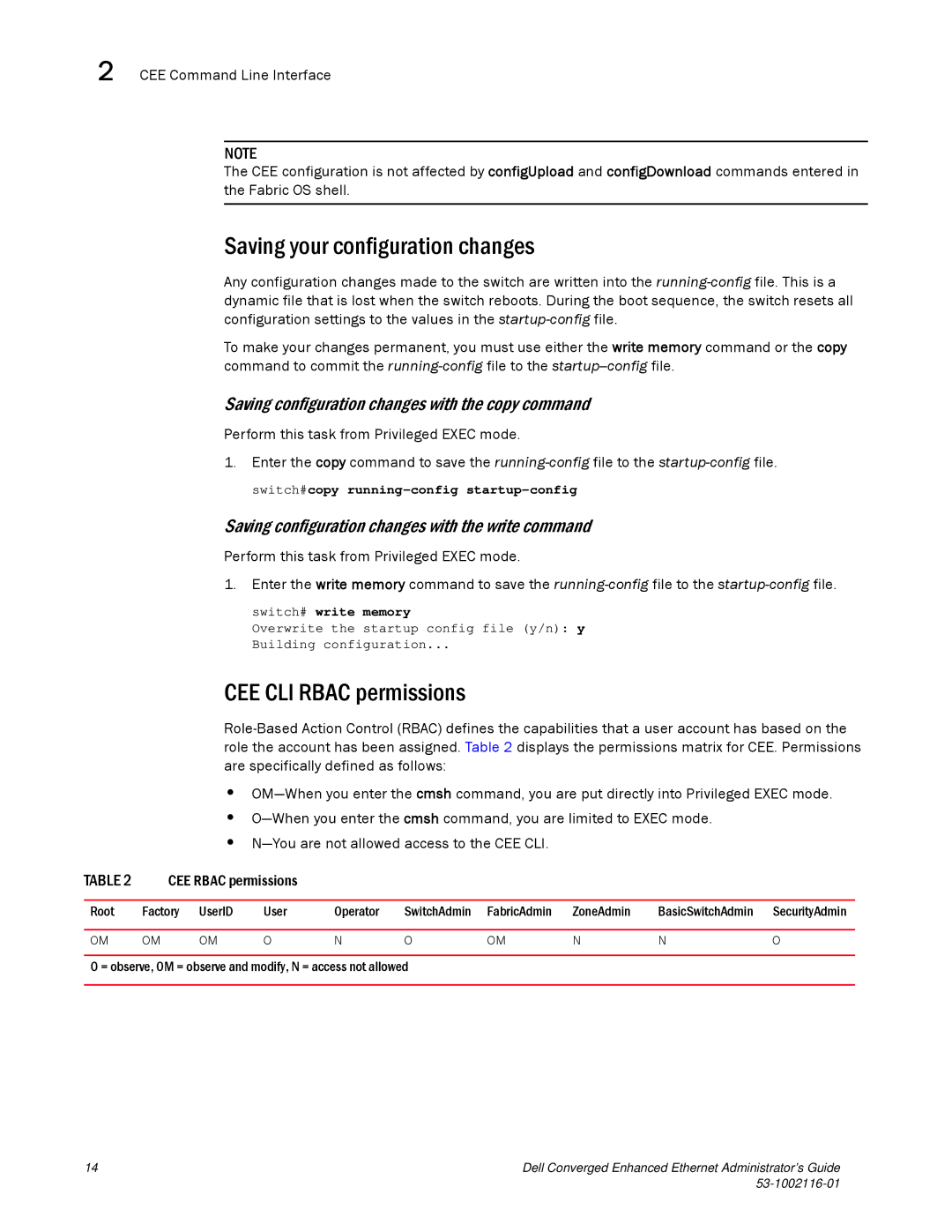 Dell 53-1002116-01 manual Saving your configuration changes, CEE CLI Rbac permissions 