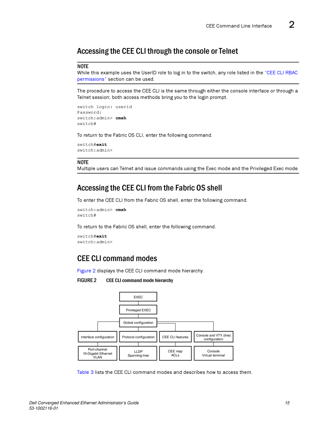 Dell 53-1002116-01 Accessing the CEE CLI through the console or Telnet, Accessing the CEE CLI from the Fabric OS shell 