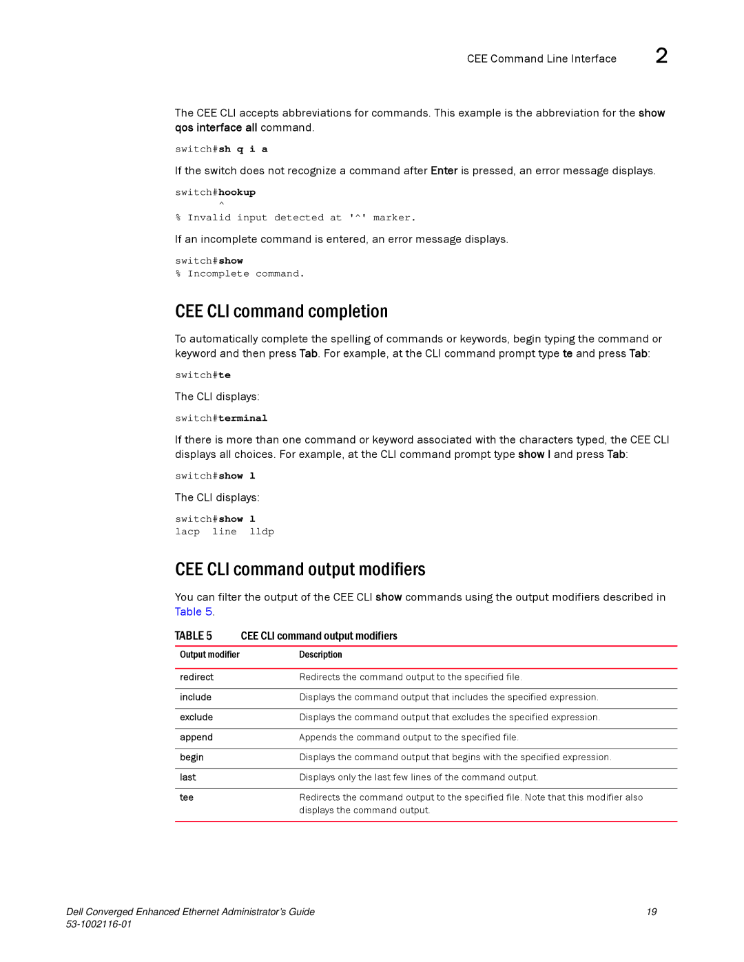 Dell 53-1002116-01 manual CEE CLI command completion, CEE CLI command output modifiers 