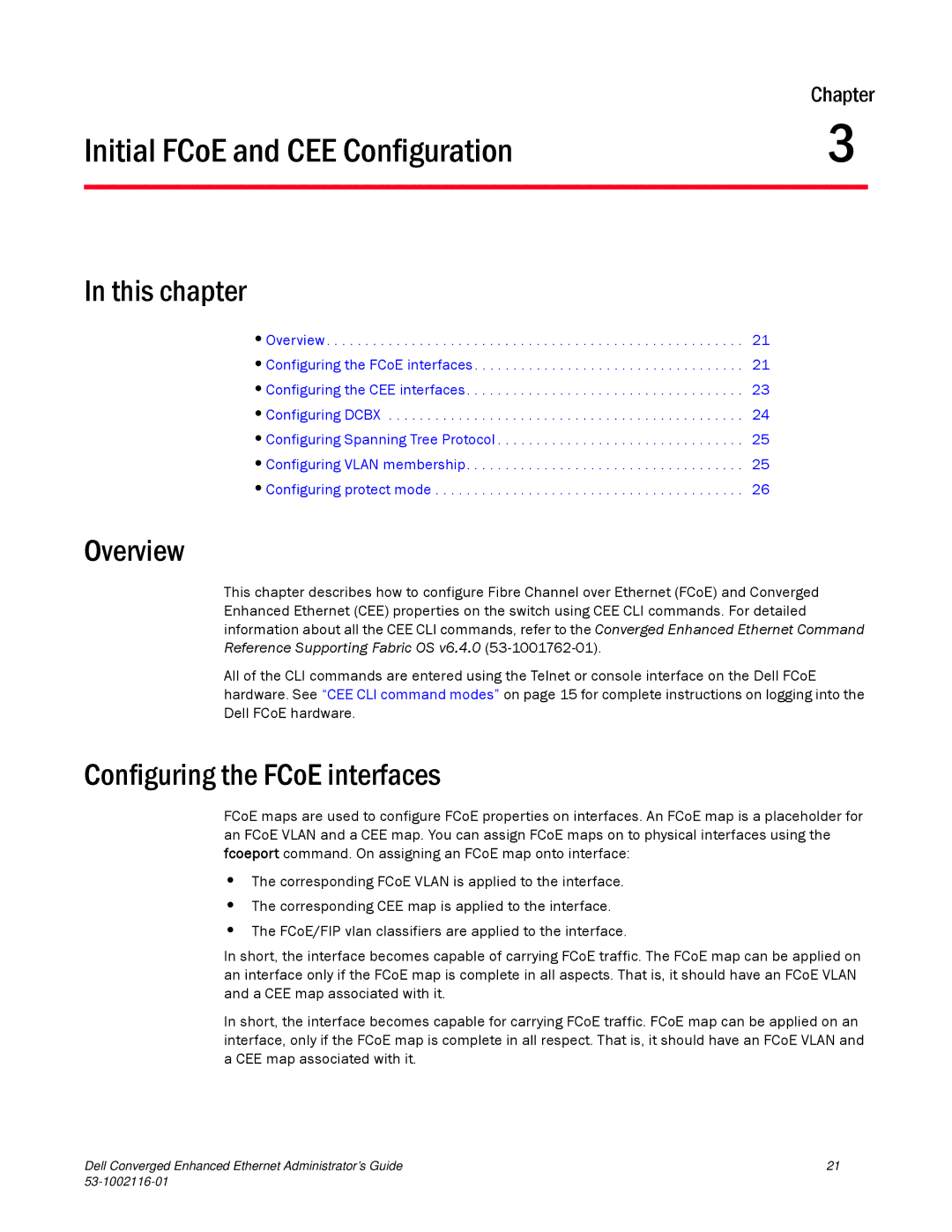 Dell 53-1002116-01 manual Initial FCoE and CEE Configuration, Overview, Configuring the FCoE interfaces 