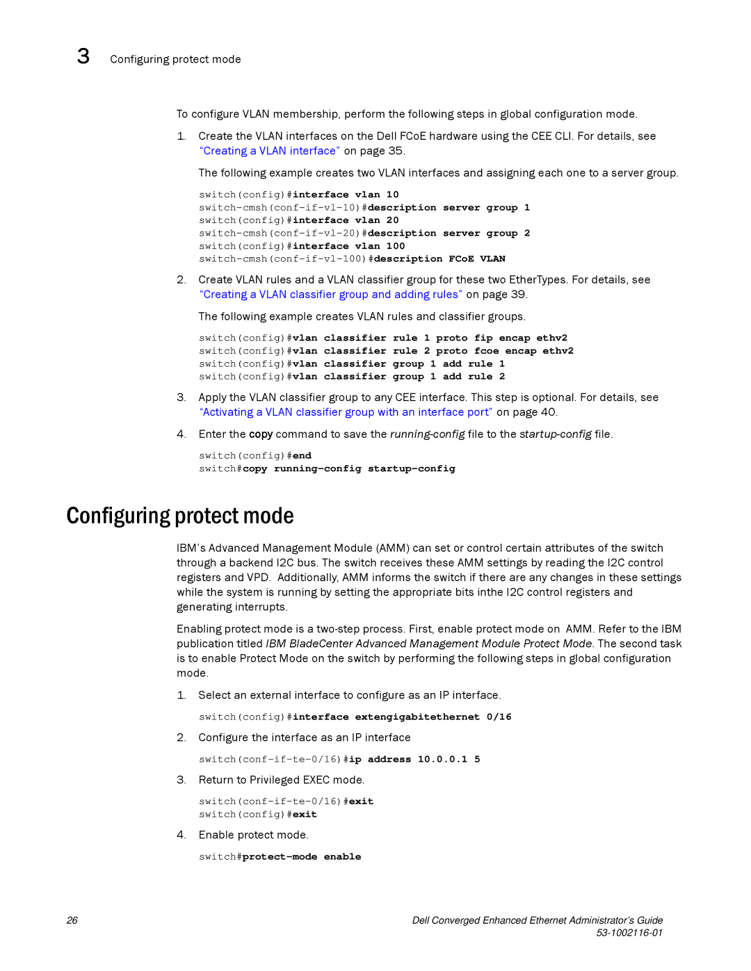 Dell 53-1002116-01 Configuring protect mode, Configure the interface as an IP interface, Return to Privileged Exec mode 