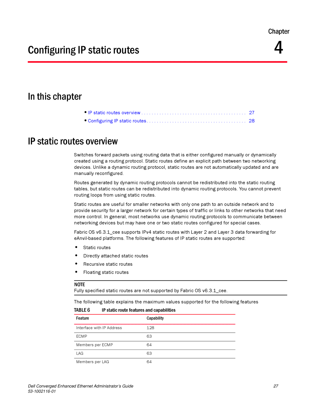 Dell 53-1002116-01 manual Configuring IP static routes, IP static routes overview 