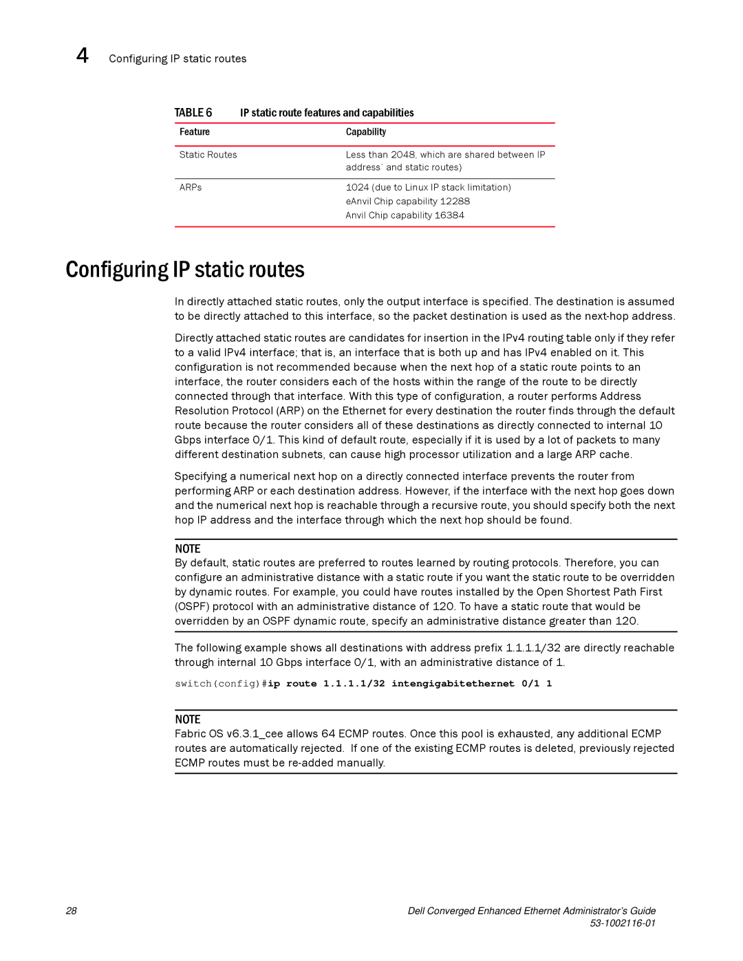 Dell 53-1002116-01 manual Configuring IP static routes 