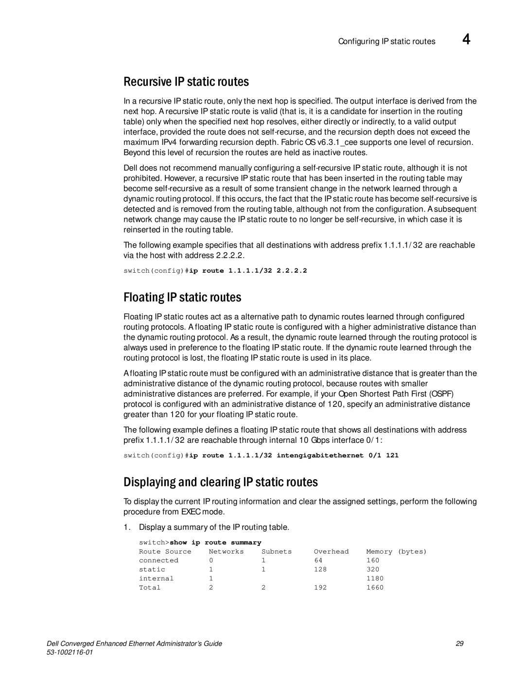 Dell 53-1002116-01 manual Recursive IP static routes, Floating IP static routes, Displaying and clearing IP static routes 