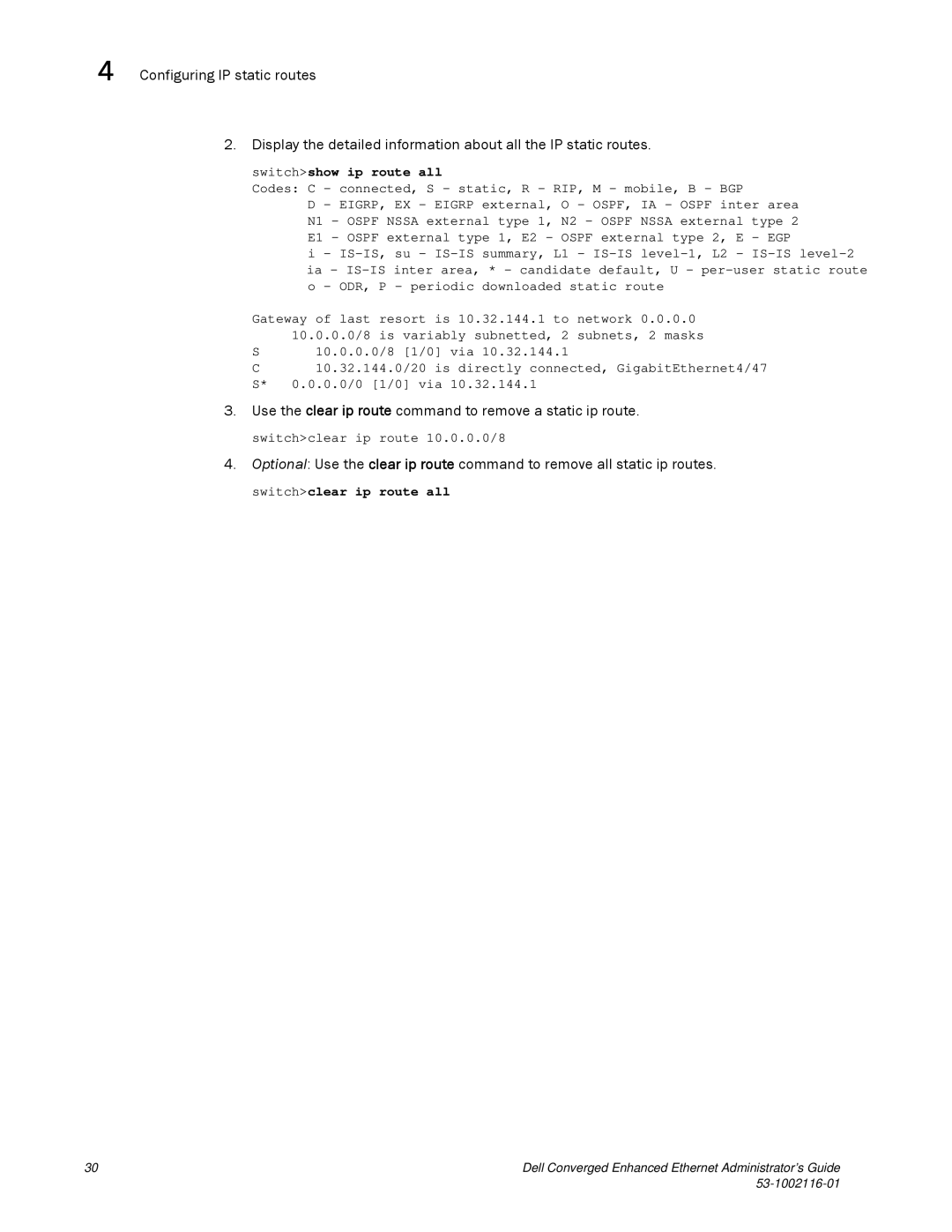 Dell 53-1002116-01 manual Use the clear ip route command to remove a static ip route, Ip route All 