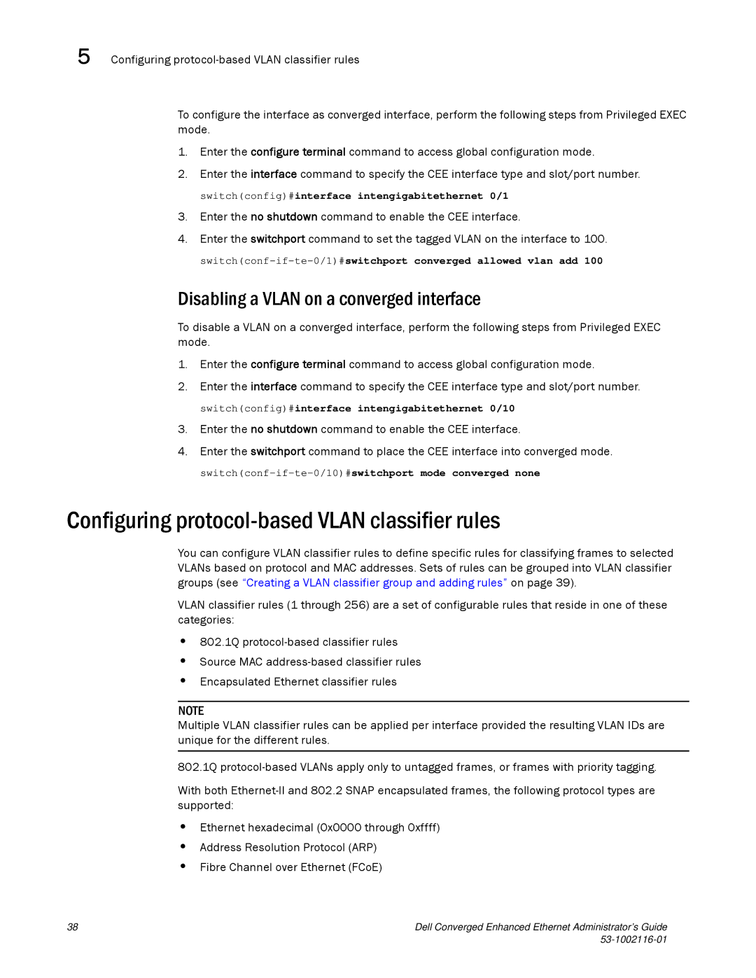 Dell 53-1002116-01 manual Configuring protocol-based Vlan classifier rules, Disabling a Vlan on a converged interface 