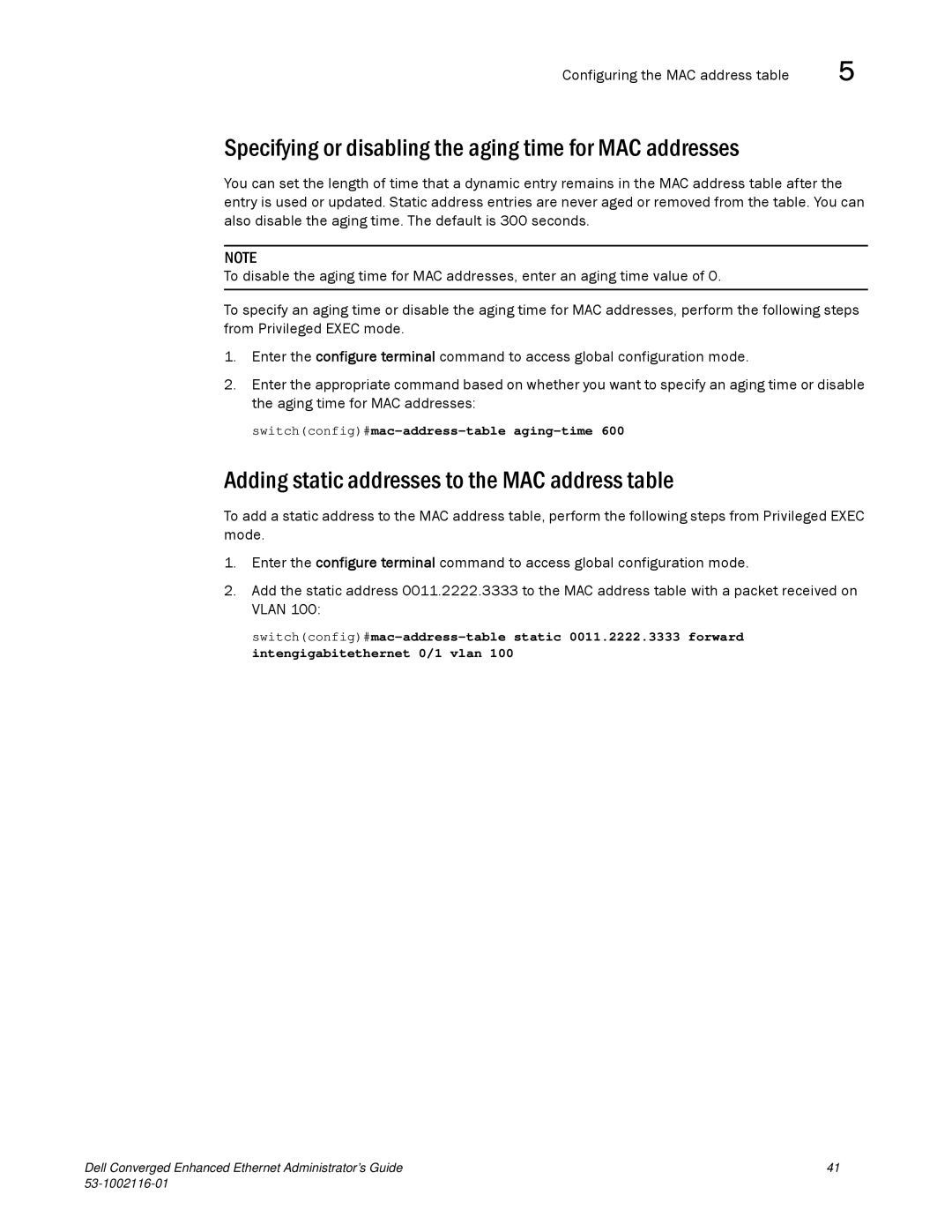 Dell 53-1002116-01 manual Specifying or disabling the aging time for MAC addresses 