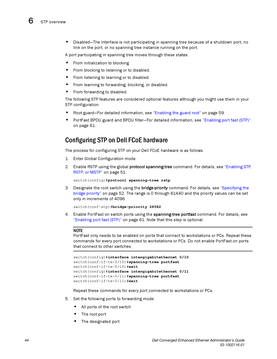 Dell 53-1002116-01 manual Configuring STP on Dell FCoE hardware 