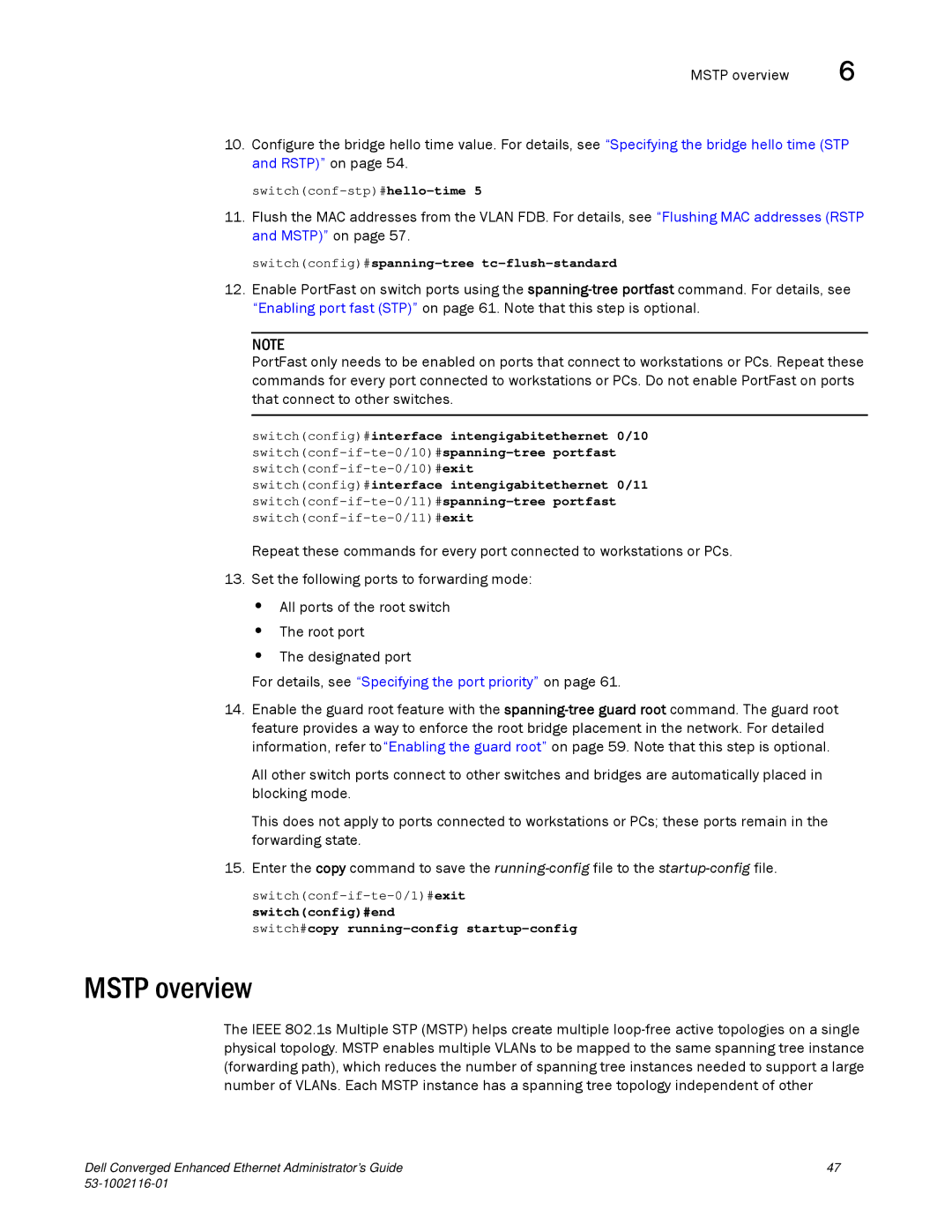 Dell 53-1002116-01 manual Mstp overview, For details, see Specifying the port priority on 