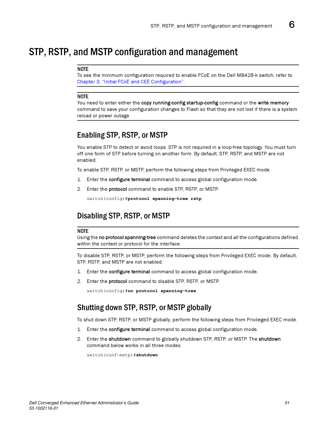 Dell 53-1002116-01 manual STP, RSTP, and Mstp configuration and management, Enabling STP, RSTP, or Mstp 