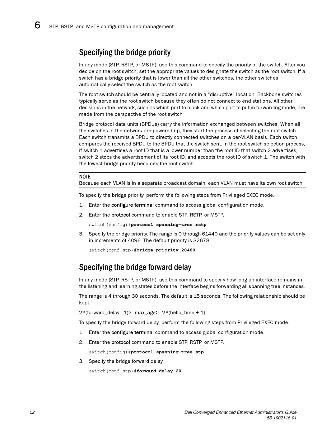 Dell 53-1002116-01 Specifying the bridge priority, Specifying the bridge forward delay, Specify the bridge forward delay 