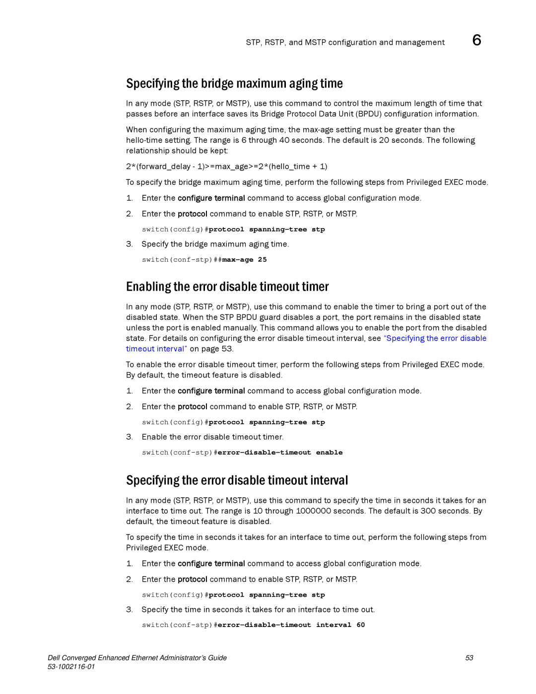 Dell 53-1002116-01 manual Specifying the bridge maximum aging time, Enabling the error disable timeout timer 