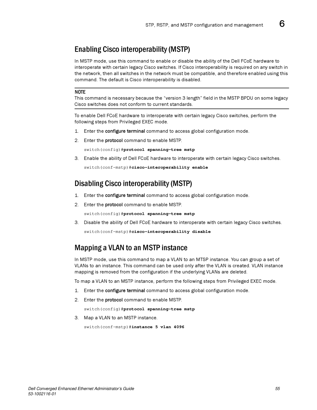 Dell 53-1002116-01 manual Enabling Cisco interoperability Mstp, Disabling Cisco interoperability Mstp 