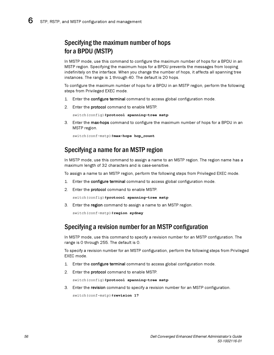 Dell 53-1002116-01 manual Specifying the maximum number of hops for a Bpdu Mstp, Specifying a name for an Mstp region 