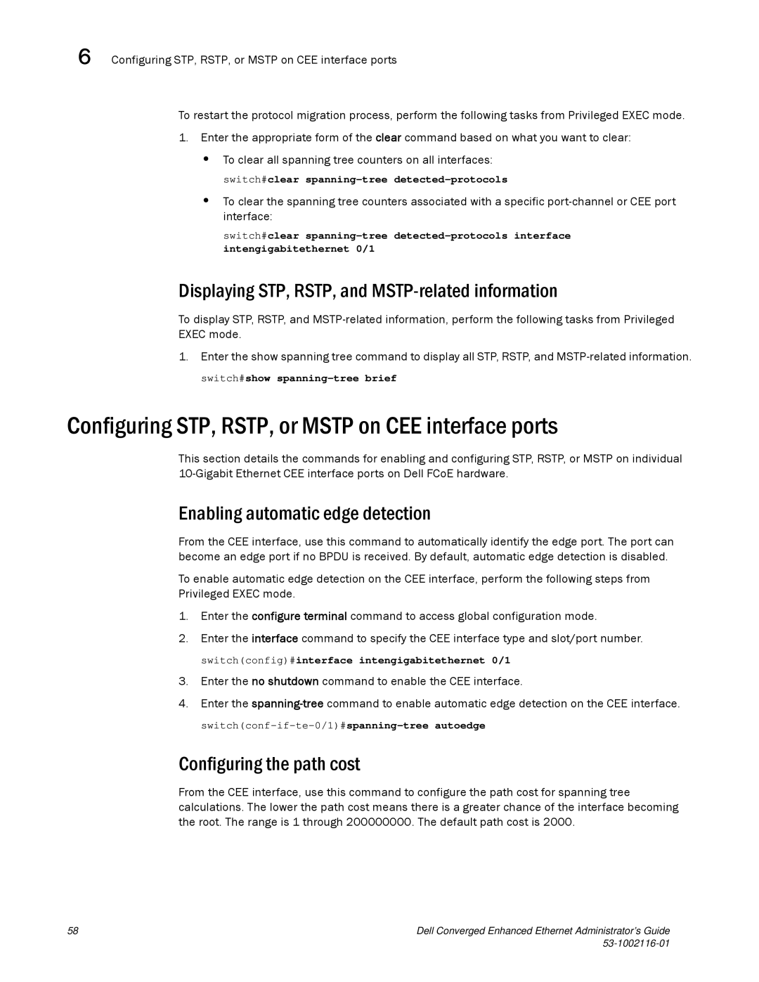 Dell 53-1002116-01 manual Configuring STP, RSTP, or Mstp on CEE interface ports, Enabling automatic edge detection 