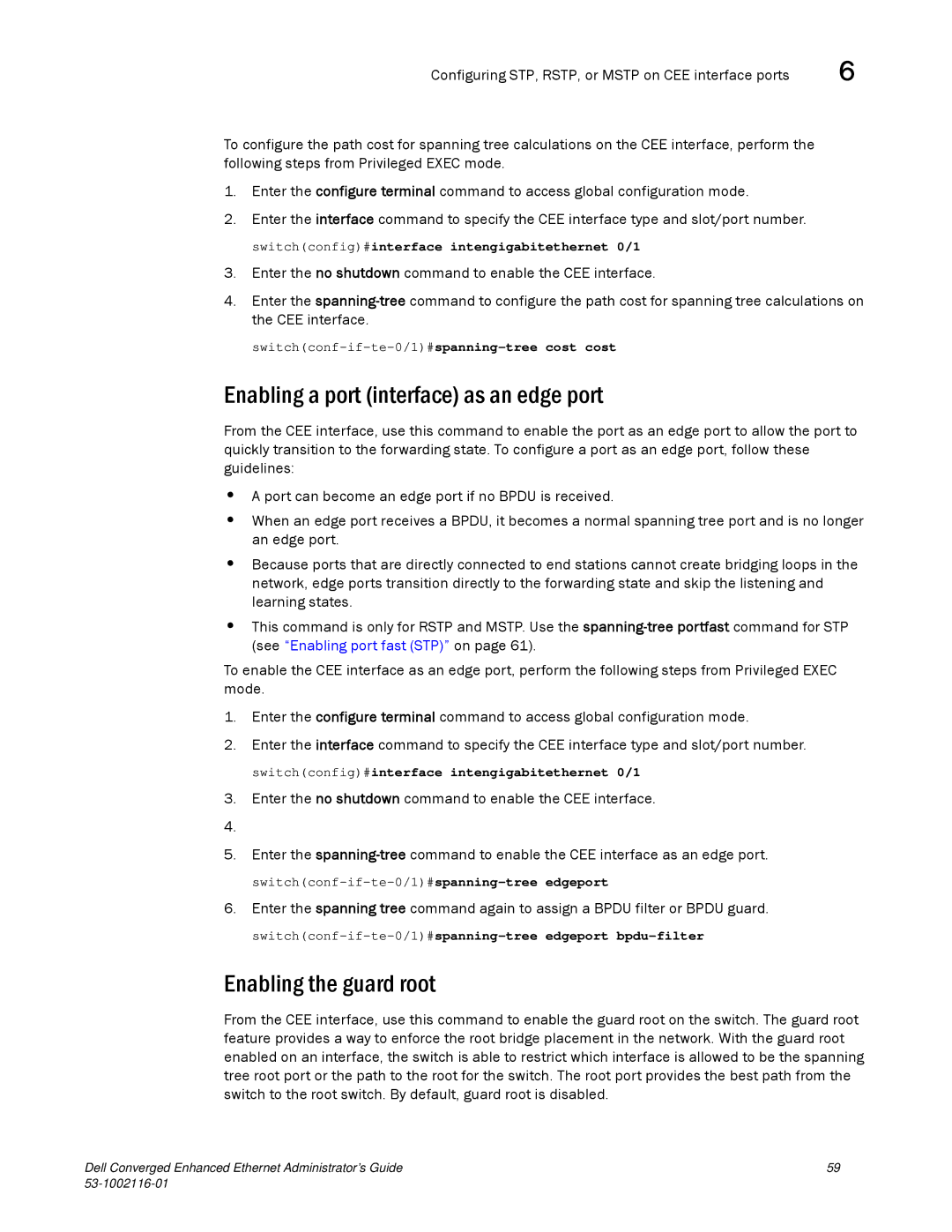 Dell 53-1002116-01 manual Enabling a port interface as an edge port, Enabling the guard root 