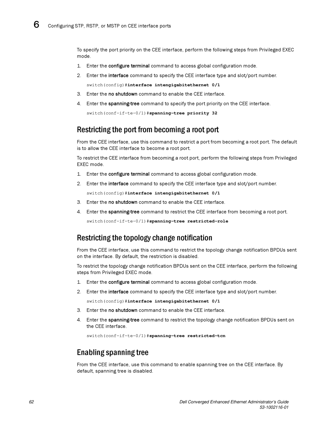 Dell 53-1002116-01 manual Restricting the port from becoming a root port, Restricting the topology change notification 