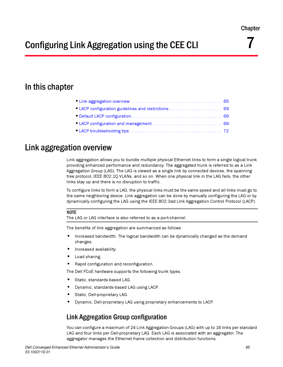 Dell 53-1002116-01 manual Configuring Link Aggregation using the CEE CLI, Link aggregation overview 