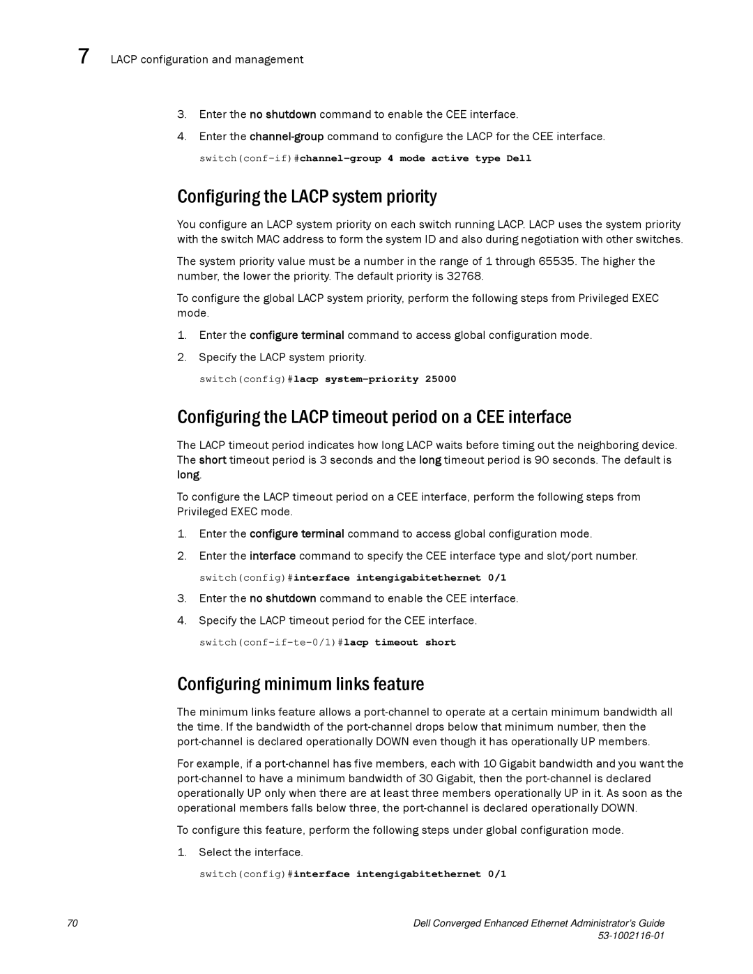 Dell 53-1002116-01 manual Configuring the Lacp system priority, Configuring the Lacp timeout period on a CEE interface 