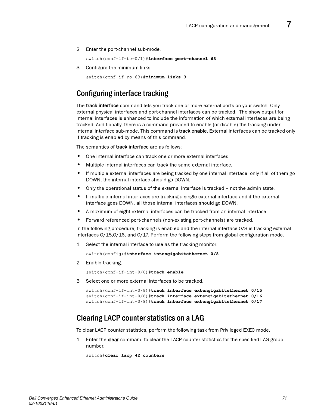 Dell 53-1002116-01 Configuring interface tracking, Clearing Lacp counter statistics on a LAG, Configure the minimum links 