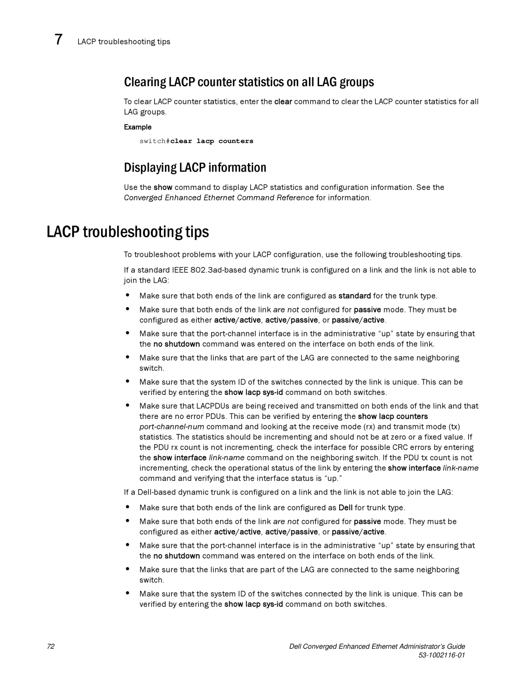 Dell 53-1002116-01 manual Lacp troubleshooting tips, Clearing Lacp counter statistics on all LAG groups 