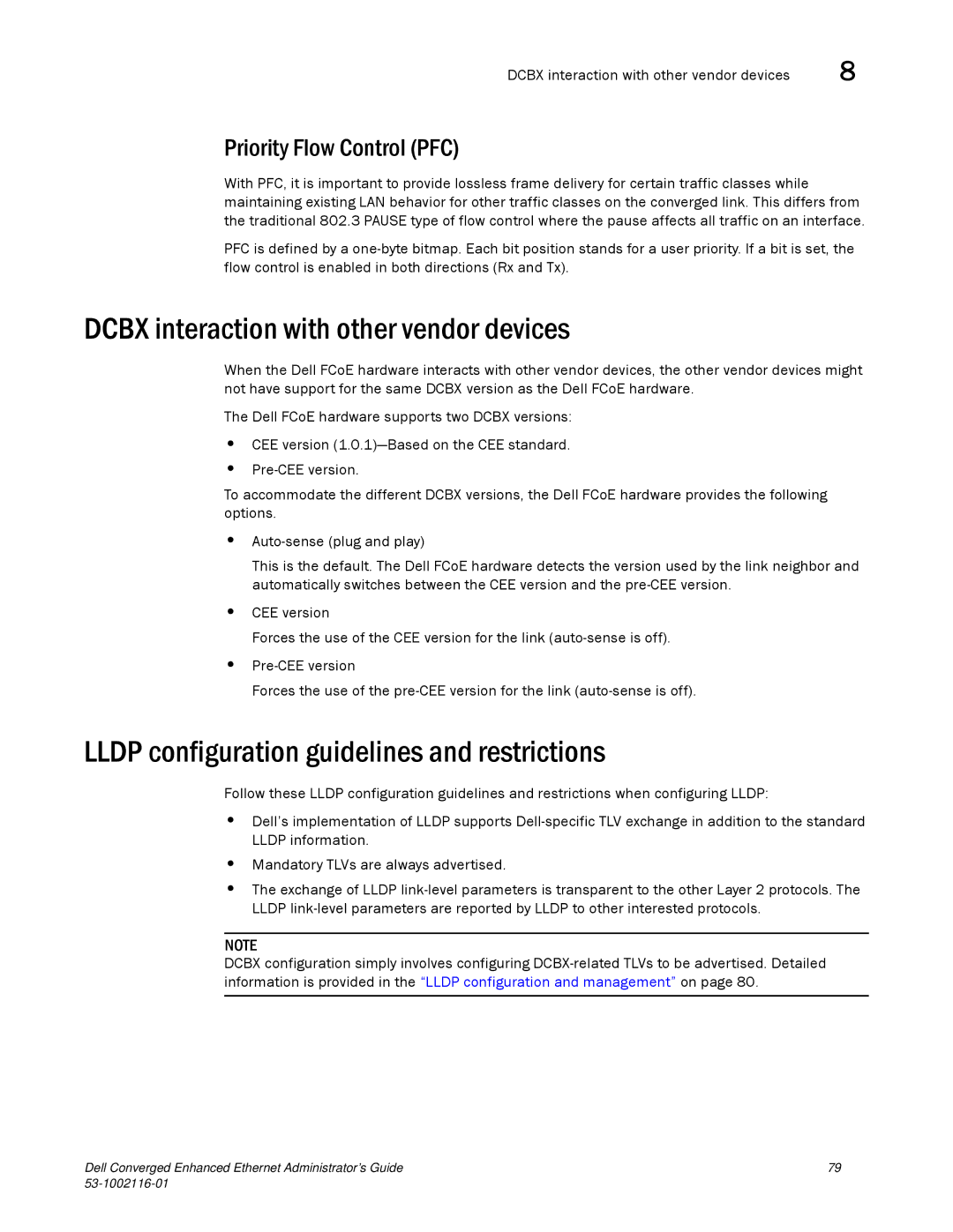 Dell 53-1002116-01 manual Dcbx interaction with other vendor devices, Lldp configuration guidelines and restrictions 