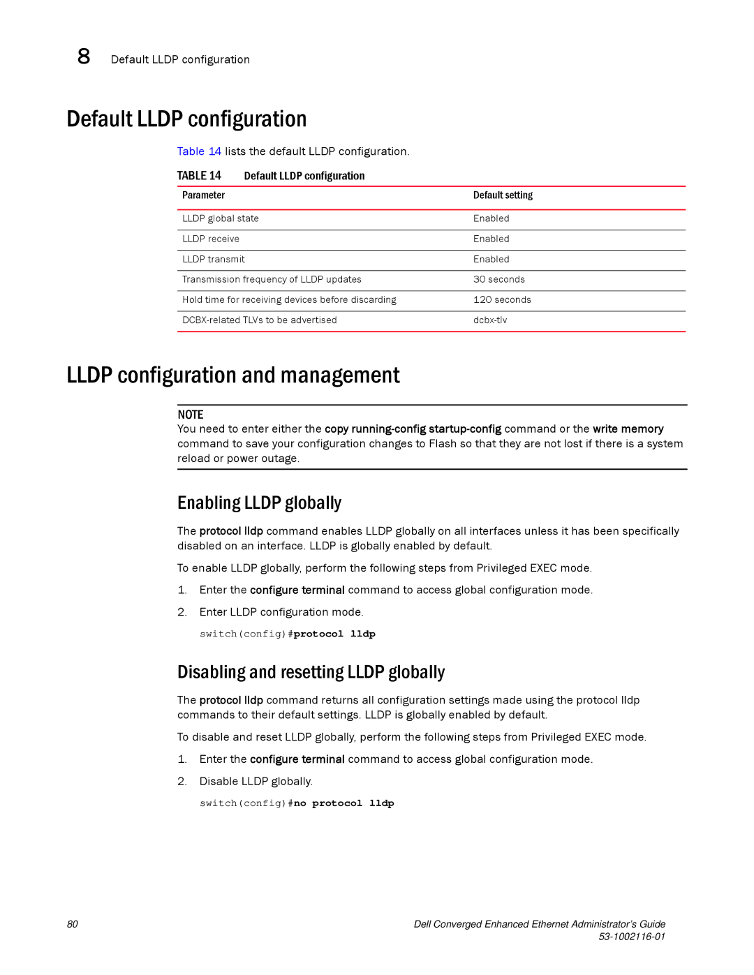 Dell 53-1002116-01 manual Default Lldp configuration, Lldp configuration and management, Enabling Lldp globally 