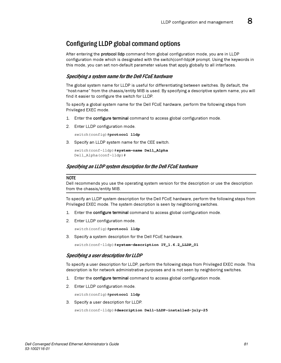 Dell 53-1002116-01 manual Configuring Lldp global command options, Specifying a system name for the Dell FCoE hardware 