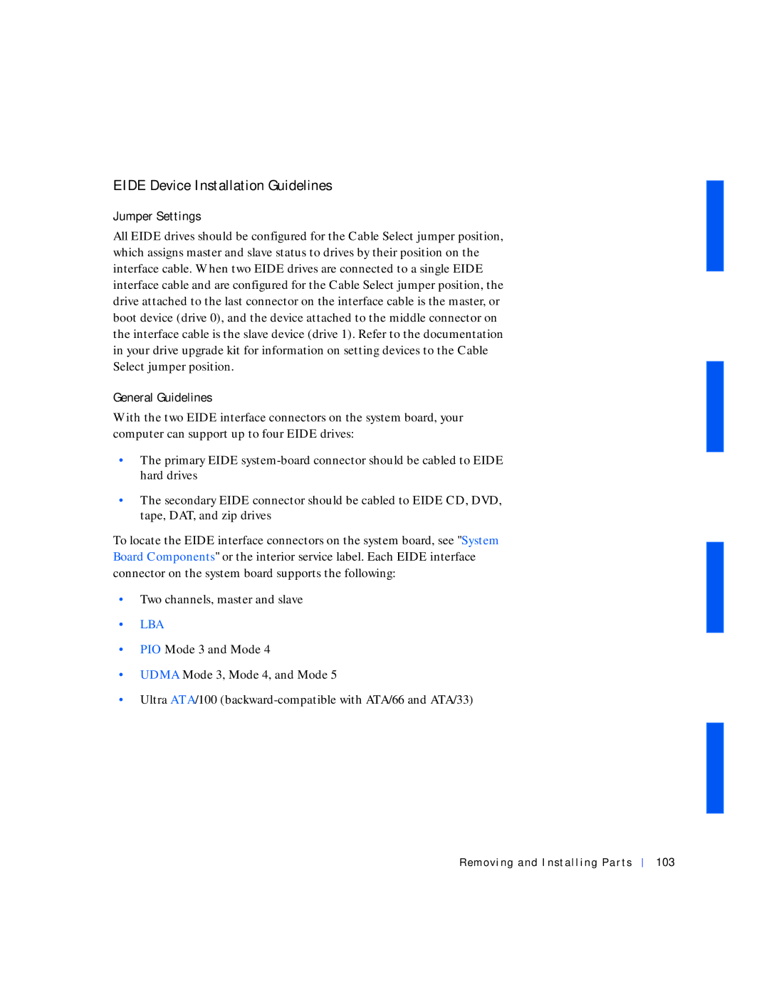 Dell 530 manual Eide Device Installation Guidelines, Jumper Settings, General Guidelines, Removing and Installing Parts 103 