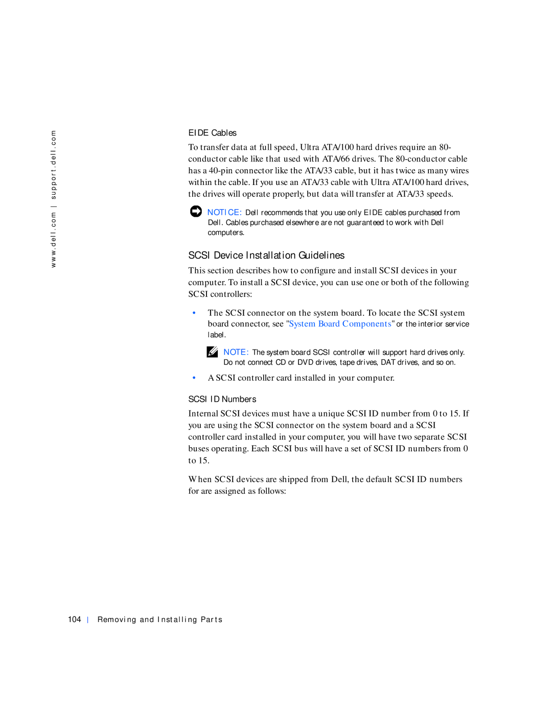 Dell 530 manual Scsi Device Installation Guidelines, Eide Cables, Scsi ID Numbers, Removing and Installing Parts 