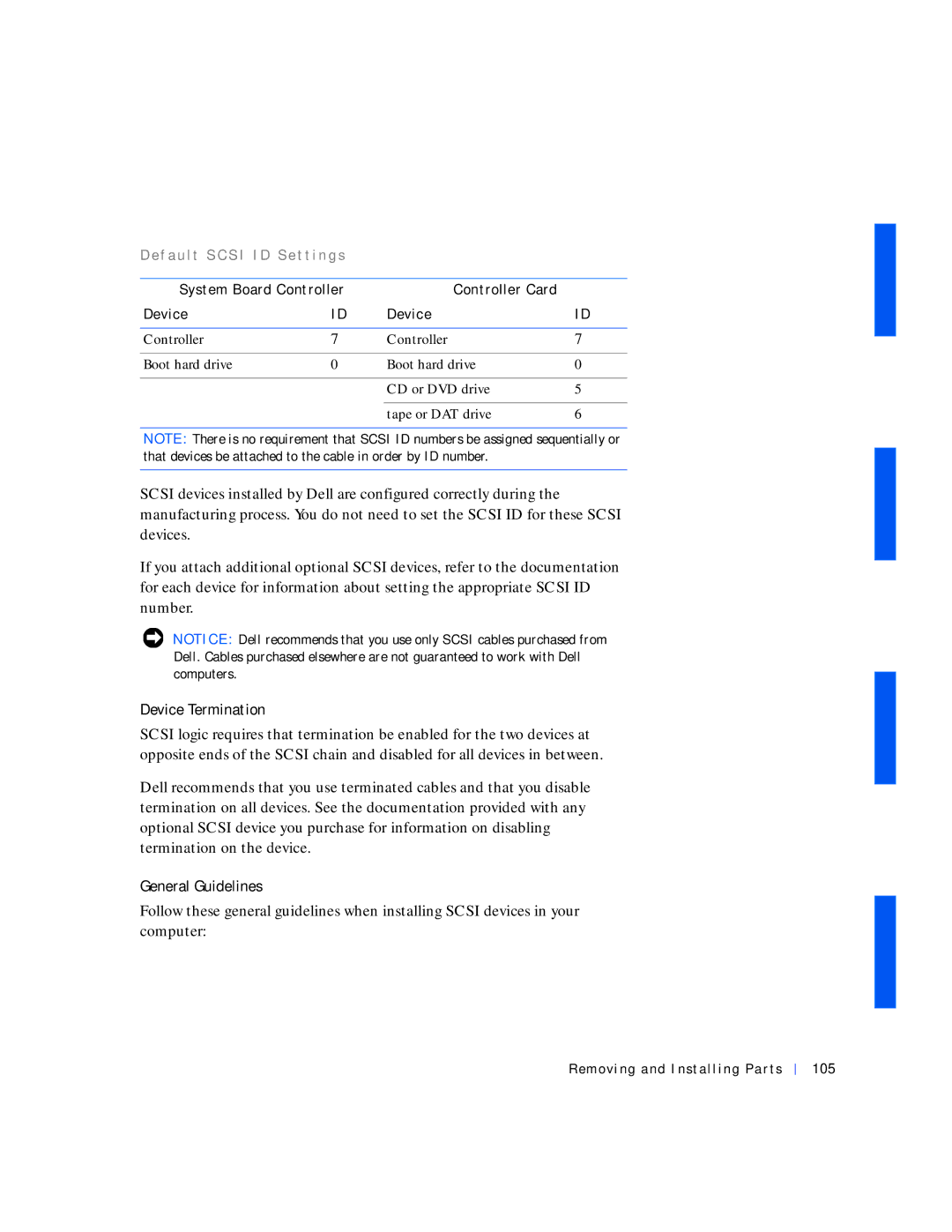 Dell 530 manual Device Termination, Fault S C S I I D S e t t i n g s, System Board Controller Controller Card Device 