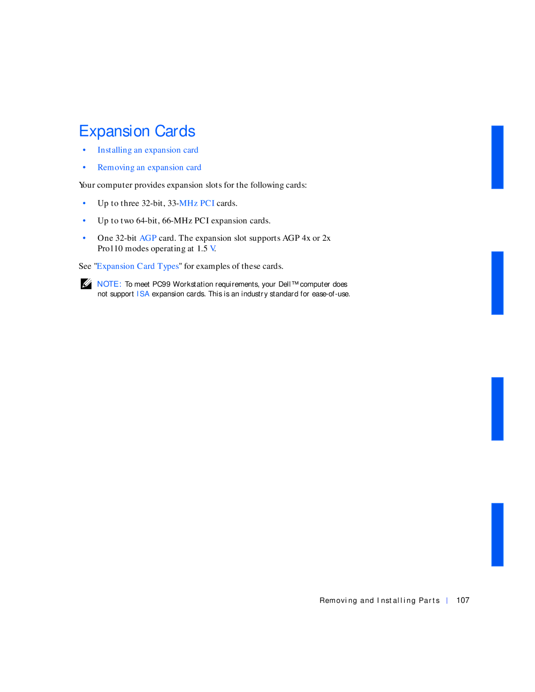 Dell 530 manual Expansion Cards, Installing an expansion card Removing an expansion card, Removing and Installing Parts 107 