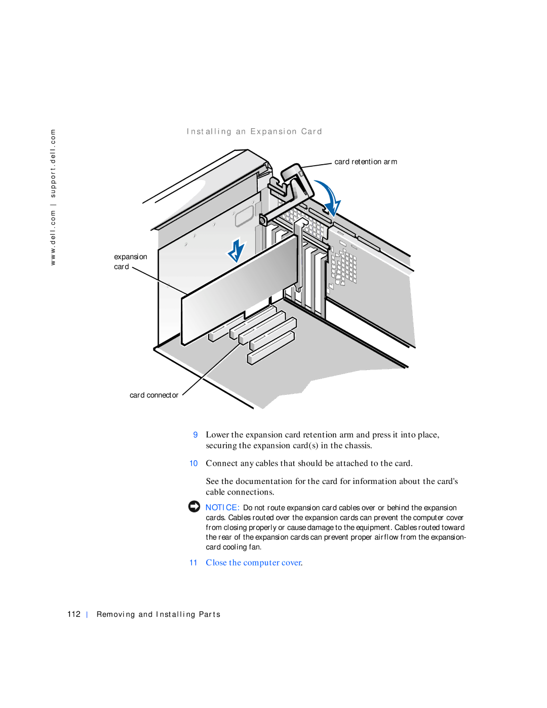 Dell 530 manual Install i n g a n E x p a n s i o n C a r d, Card retention arm, Removing and Installing Parts 