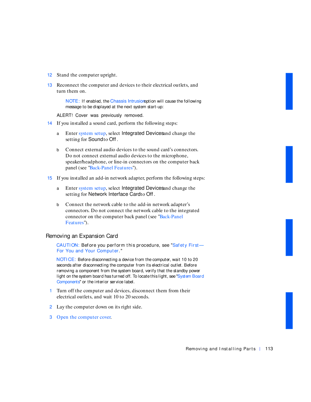 Dell 530 manual Removing an Expansion Card, Removing and Installing Parts 113 