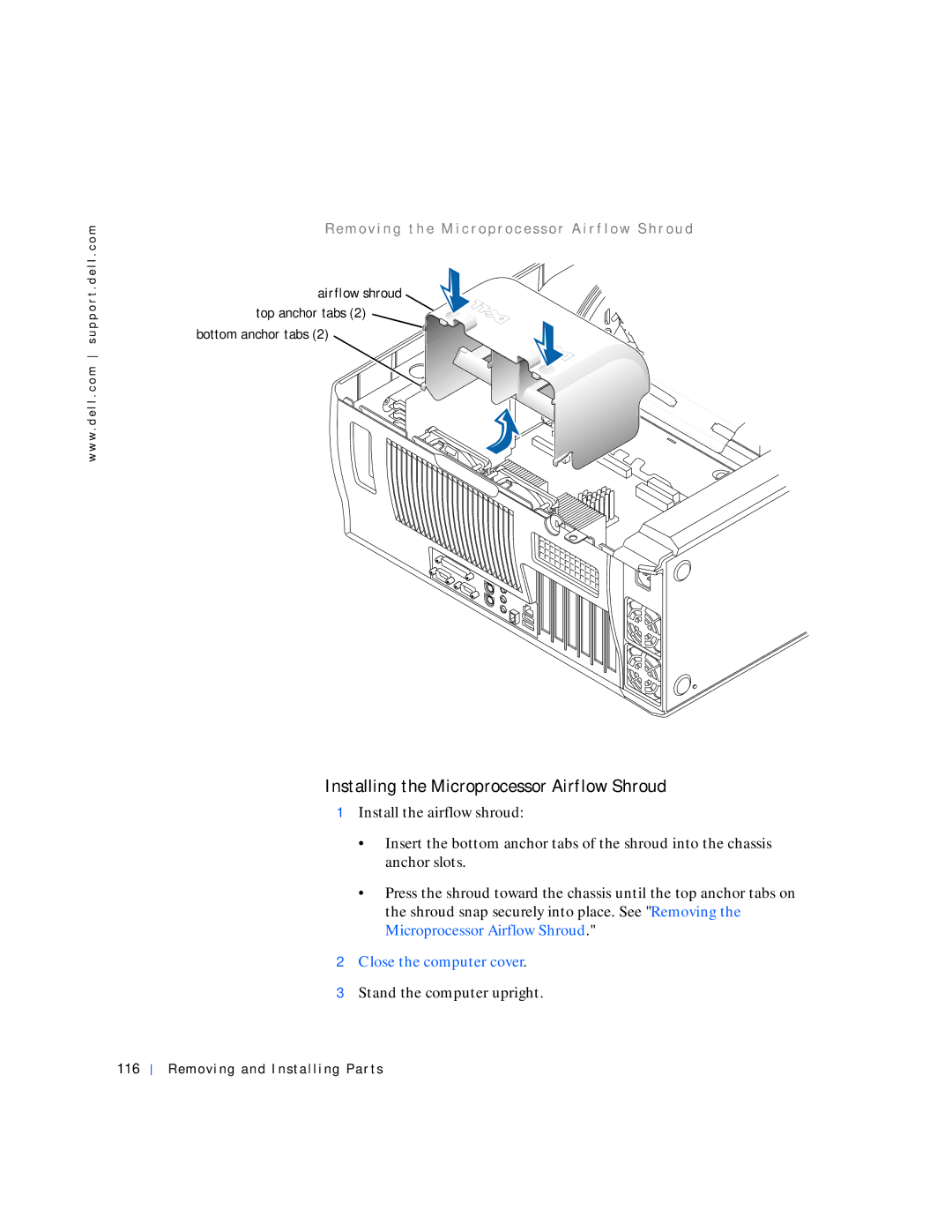 Dell 530 manual Installing the Microprocessor Airflow Shroud, Airflow shroud Top anchor tabs Bottom anchor tabs 