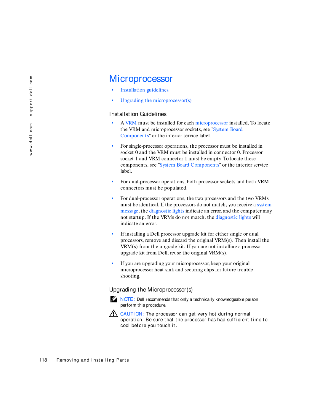 Dell 530 Installation Guidelines, Upgrading the Microprocessors, Installation guidelines Upgrading the microprocessors 