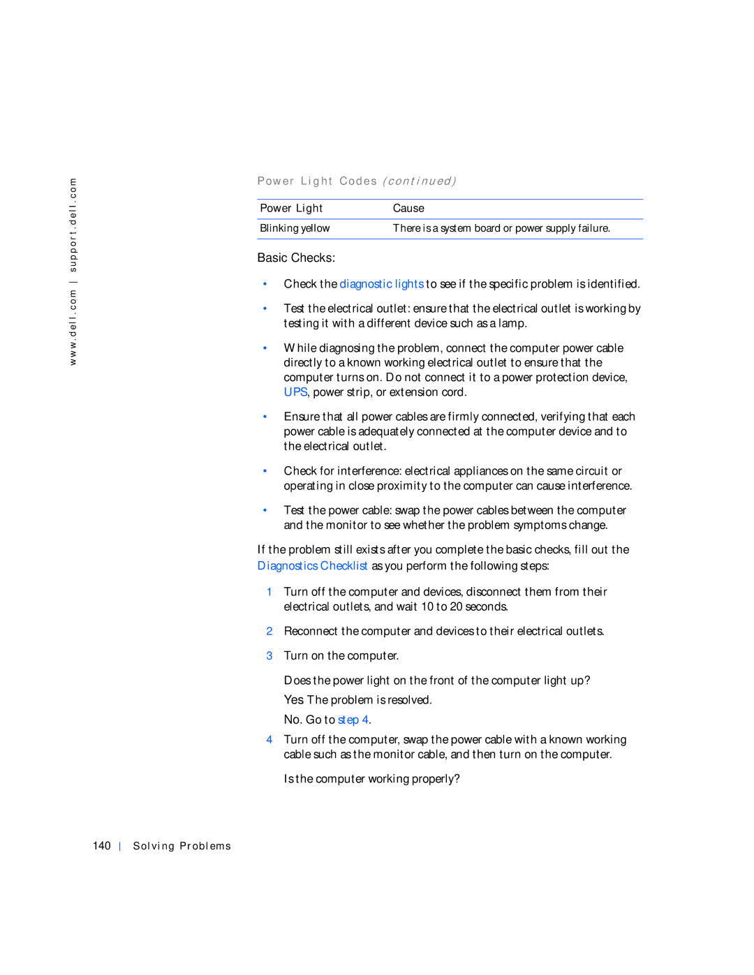 Dell 530 manual Po w e r L i g h t codes c o n t in u e d, Solving Problems 
