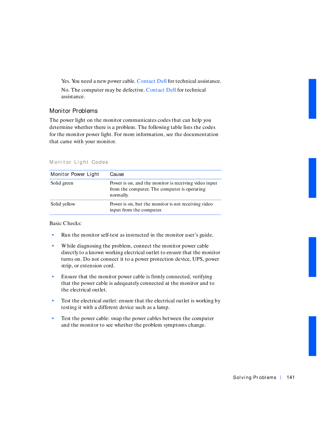 Dell 530 manual Monitor Problems, N i t o r L i g h t codes, Monitor Power Light Cause, Solving Problems 141 
