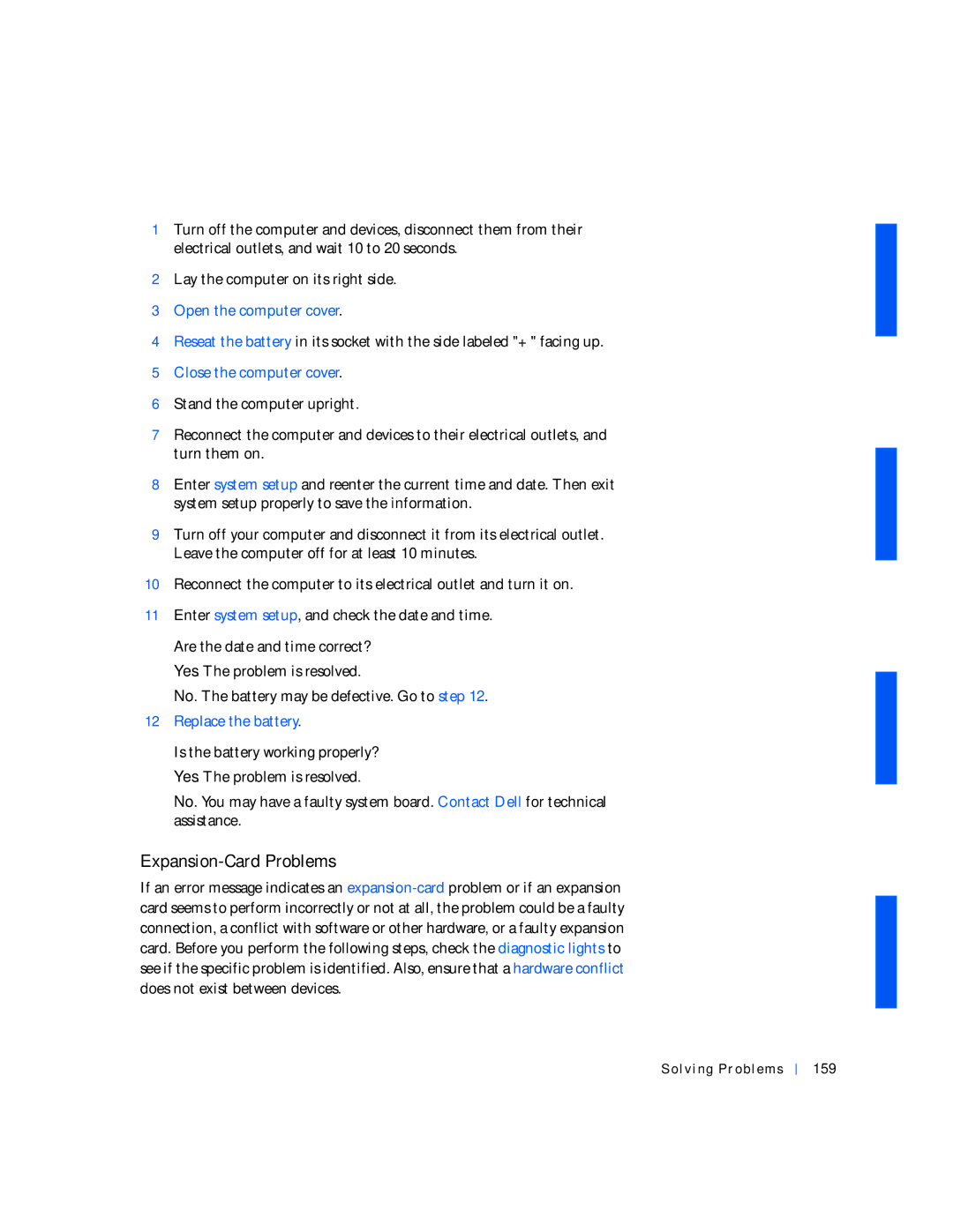 Dell 530 manual Expansion-Card Problems, Replace the battery, Solving Problems 159 
