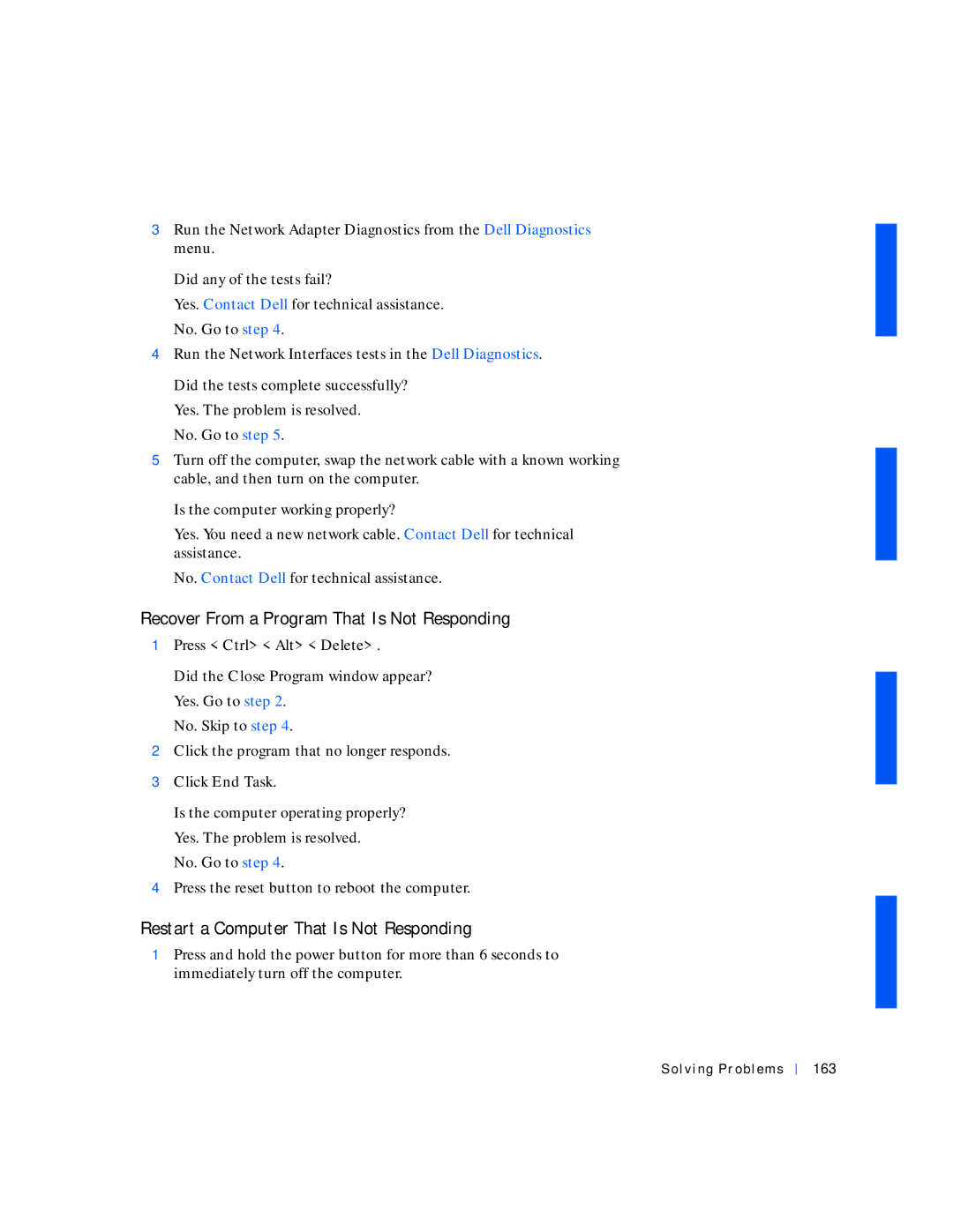 Dell 530 Recover From a Program That Is Not Responding, Restart a Computer That Is Not Responding, Solving Problems 163 