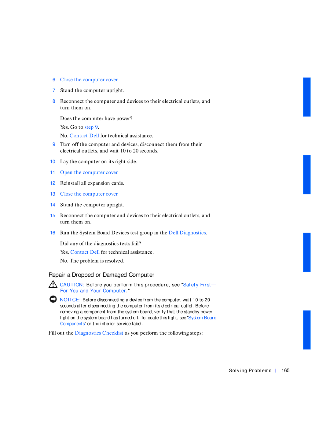 Dell 530 manual Repair a Dropped or Damaged Computer, Solving Problems 165 