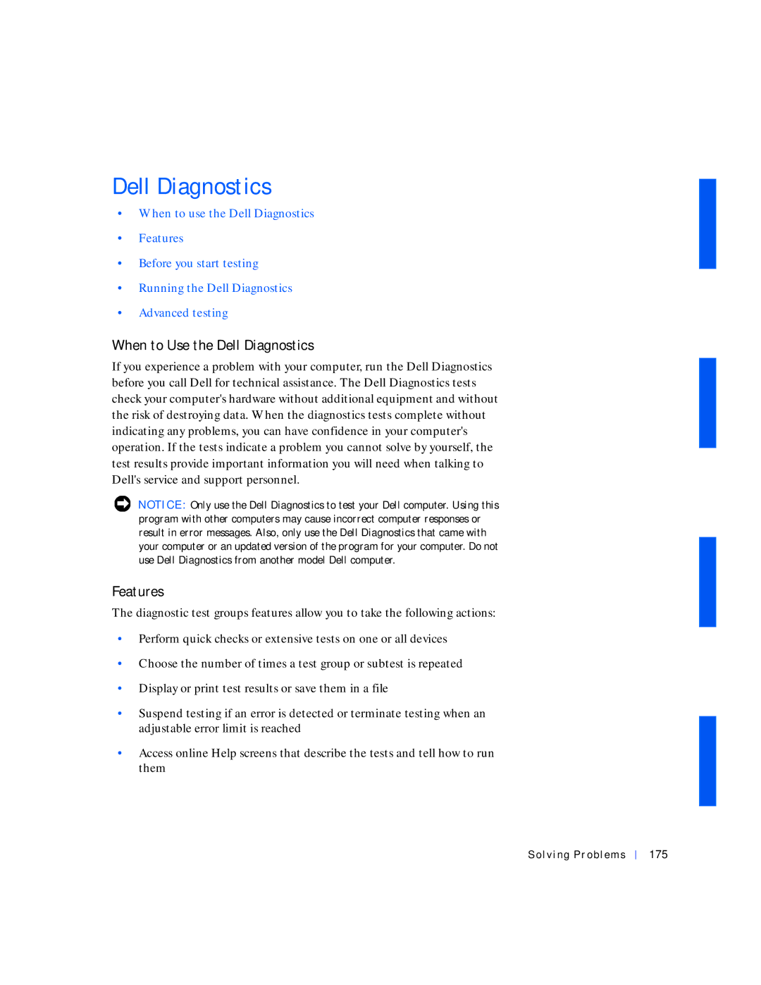 Dell 530 manual When to Use the Dell Diagnostics, Features, Solving Problems 175 